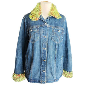 Vintage Y2K Duck Head Jeans Co. Rhinestone Button Fuzzy Denim Jacket Women's 2X